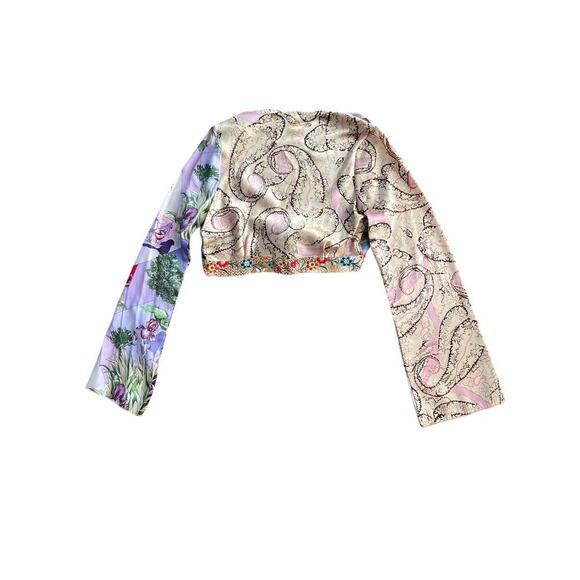 Froxx Overlay Silk Top Size M Bell Sleeve Floral Tie Front Multi Fabric Classy - Picture 2 of 7